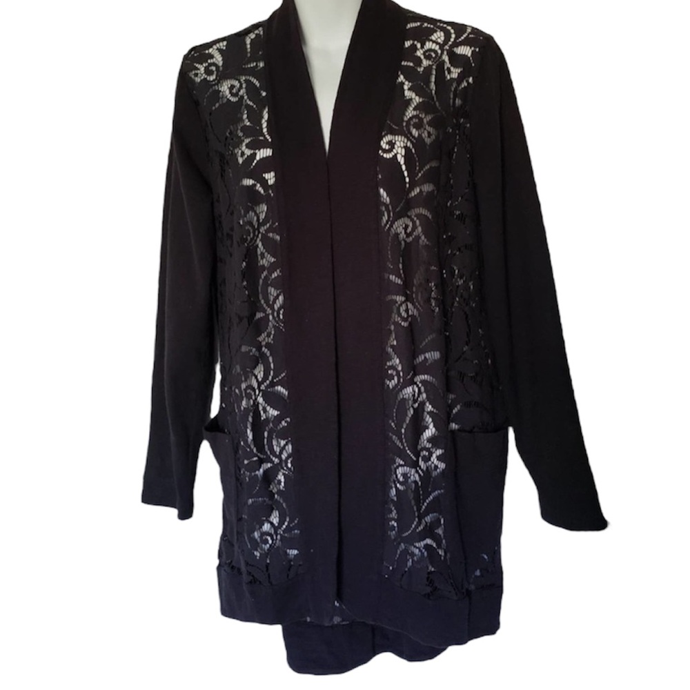 LOGO by Lori Goldstein black lace open sweater jacket with pockets size Large